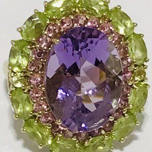 10K Gorgeous Cocktail Solid Gold 10 Carat Amethyst Peridot Ring Vintage Size 8